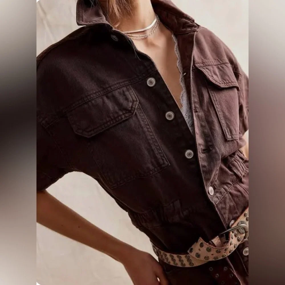 Free People Brown Short-Sleeve Denim Romper - Picture 3 of 16